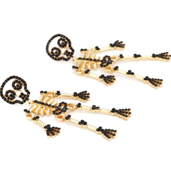 Jointed Skeleton Black Rhinestone Big Chandelier Earrings Gold Crystal - Picture 3 of 4